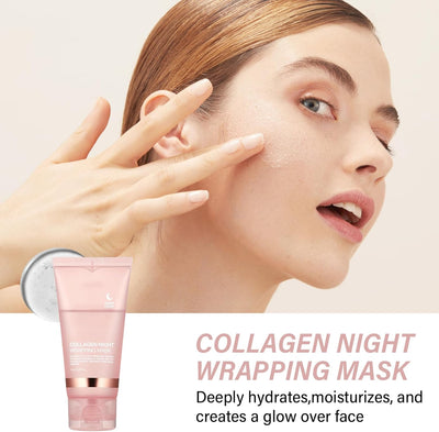 Frau trägt CollagenGlow Nachtmaske im Gesicht auf – straffende Collagen Night Wrapping Mask, spendet Feuchtigkeit und sorgt für jugendliche Ausstrahlung.