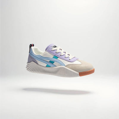 Damen Sneaker beige mit schwarzem Streifen und weißer Profilsohle, bequeme Freizeitschuhe im Retro-Design