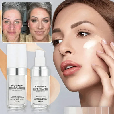 Vorher-Nachher Effekt mit SkinMatch Foundation – selbstanpassende Farbformel mit SPF15 für makellosen, ebenmäßigen Teint und natürliche Deckkraft.