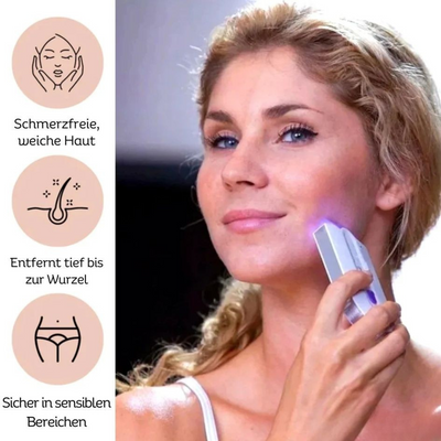 Frau verwendet SmoothLaser Haarentferner am Gesicht – schmerzfreie Haarentfernung, entfernt Haare tief bis zur Wurzel und sicher in sensiblen Bereichen.