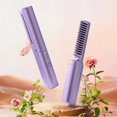 Kabelloses StyleGo Mini-Glätteisen in Lila mit integriertem Kamm – tragbarer 2-in-1 Hairstyler zum Glätten und Locken, kompakt für unterwegs.